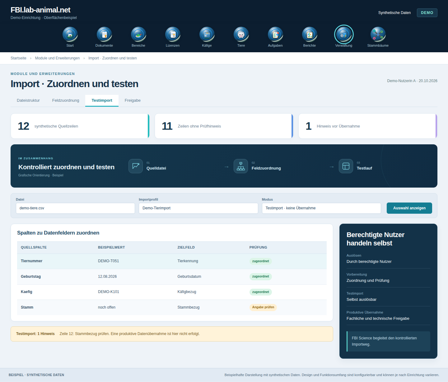Oberflächenentwurf Import · Zuordnen und testen mit synthetischen Daten: Eigenständige Feldzuordnung und Testimport bereiten die kontrollierte Übernahme vor.
