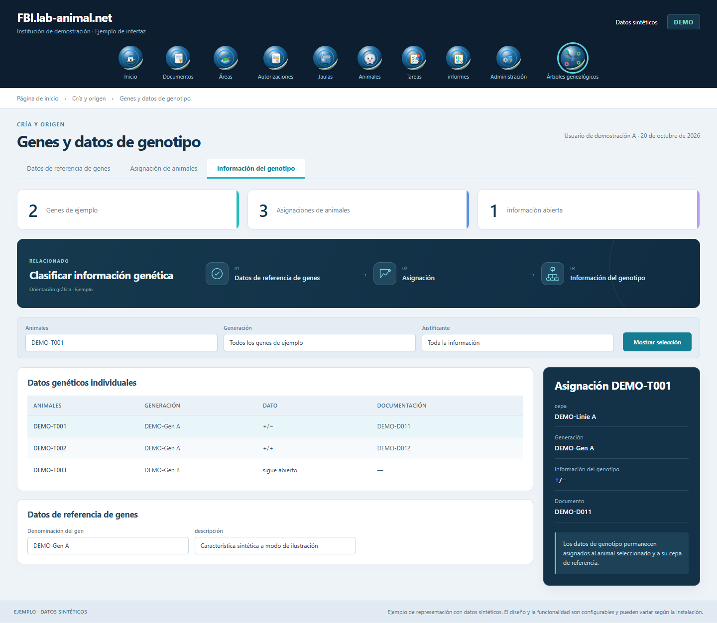 Interfaz de ejemplo con datos sintéticos · Genes y datos de genotipo: Los datos maestros de genes y la información de genotipos individuales se mantienen separados.