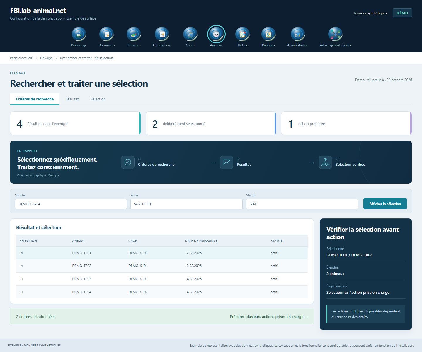 Interface d’exemple avec données synthétiques · Rechercher et traiter une sélection: Les critères de recherche conduisent à une sélection contrôlée pour plusieurs actions prises en charge.