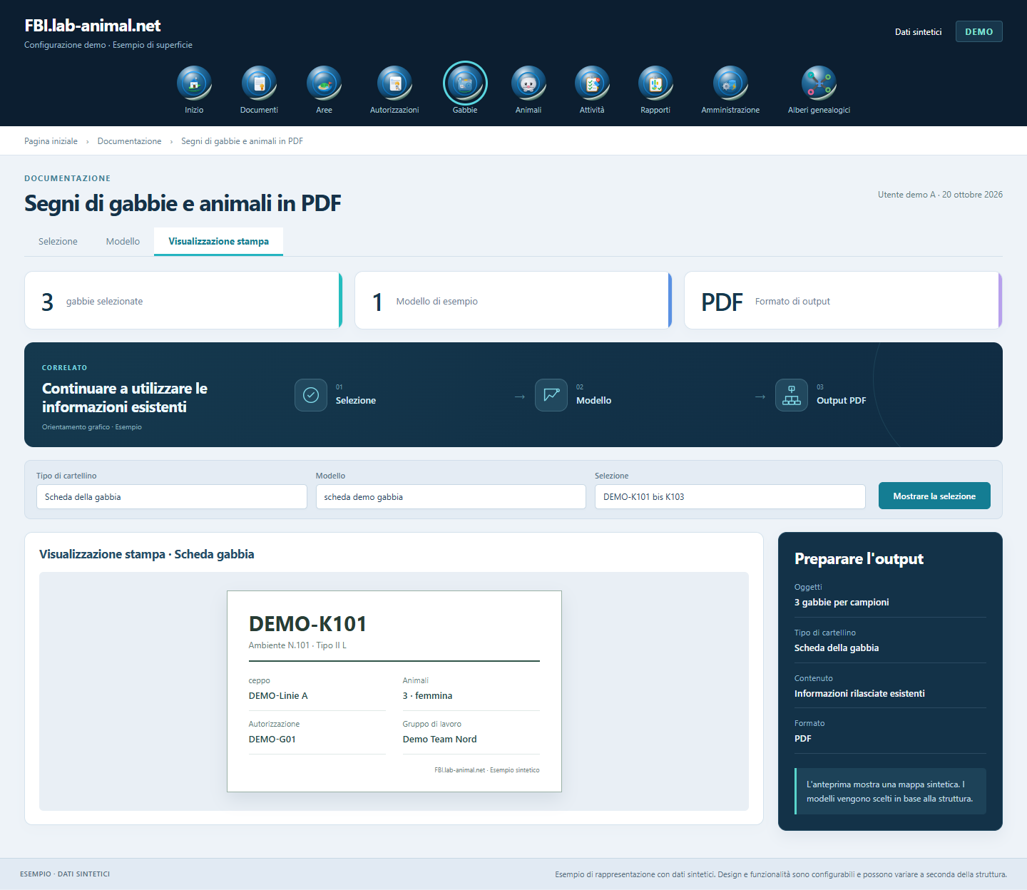 Interfaccia di esempio con dati sintetici · Segni di gabbie e animali in PDF: Le informazioni sulle gabbie e sugli animali esistenti vengono compilate per la scheda stampabile.
