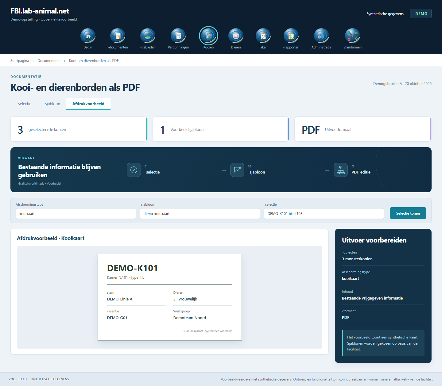 Voorbeeldinterface met synthetische gegevens · Kooi- en dierenborden als PDF: Bestaande kooi- en dierinformatie wordt verzameld voor de printbare kaart.